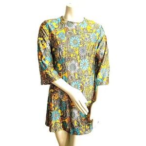 Vtg 60s Floral Mini Dress Zip 3/4 Sleeve Babydoll Textured Bright Boho Hippy M/L